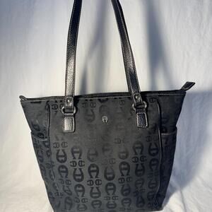 Etienne Aigner Womens Bag Black Shoulder Double Handles Canvas Purse Tote Pocket